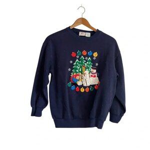 Ugly Christmas Vintage Nutcracker Navy Blue Snowman Christmas Tree Sweater